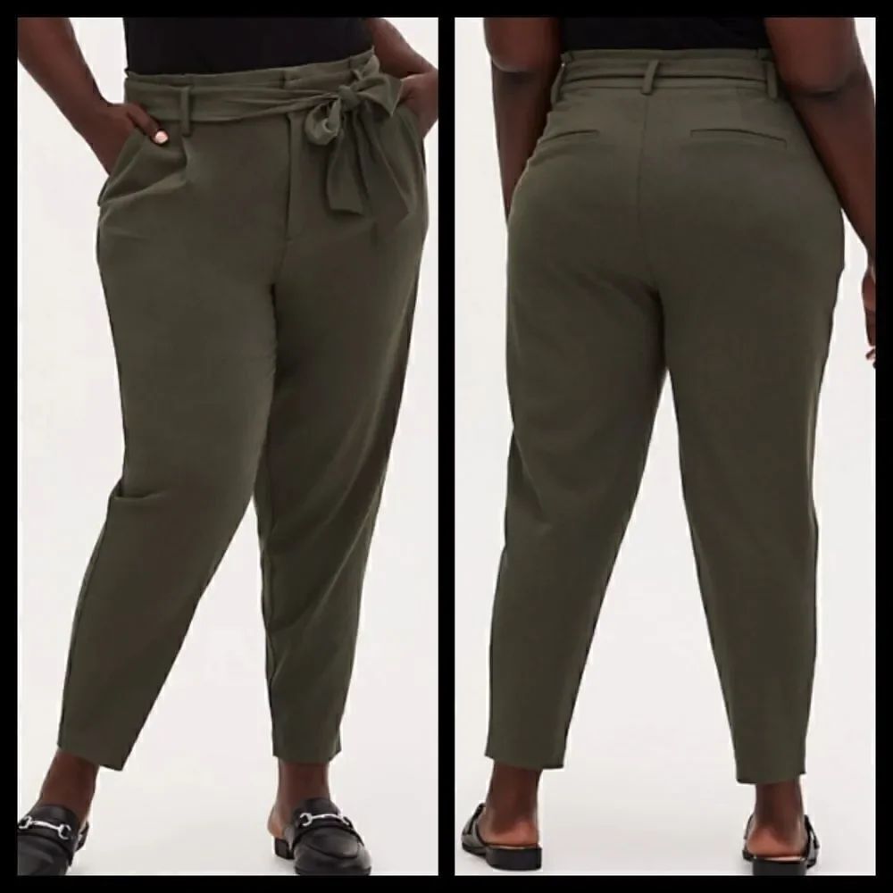 20W Paperbag Waist Olive Green Pant Tapered Tie Waist Crosshatch Stretch Torrid